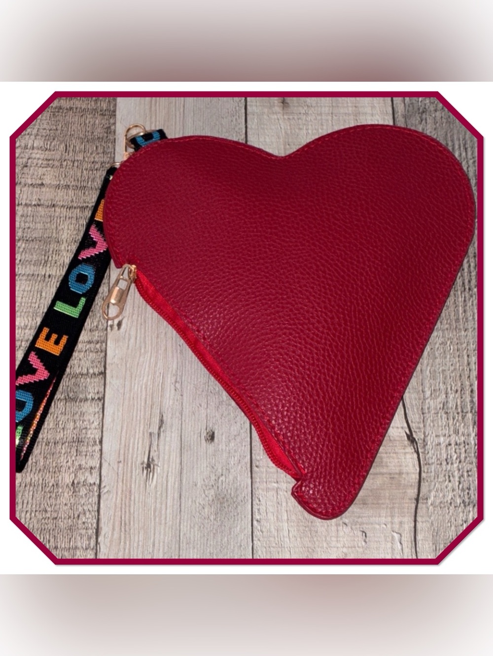 Faux Leather Red Heart Shaped Zippered Bag w/Wristlet Strap